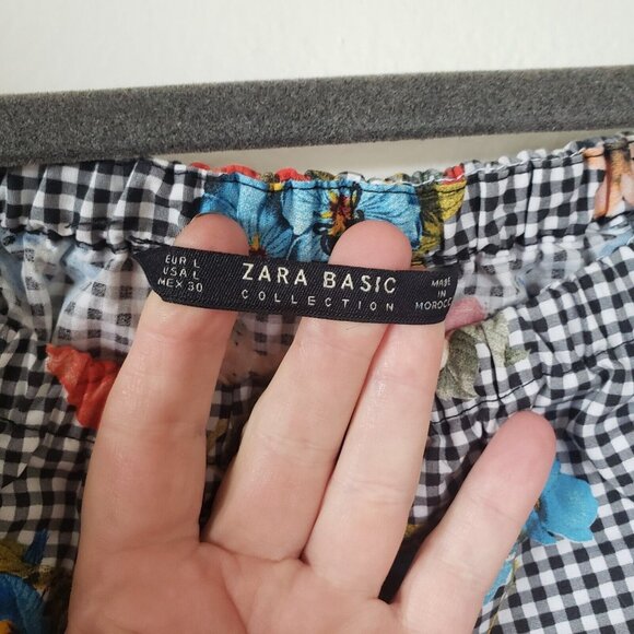 Zara Top Tunic Off Shoulder Bell Sleeves Floral Gingham L Cotton Ruffle - Picture 6 of 7